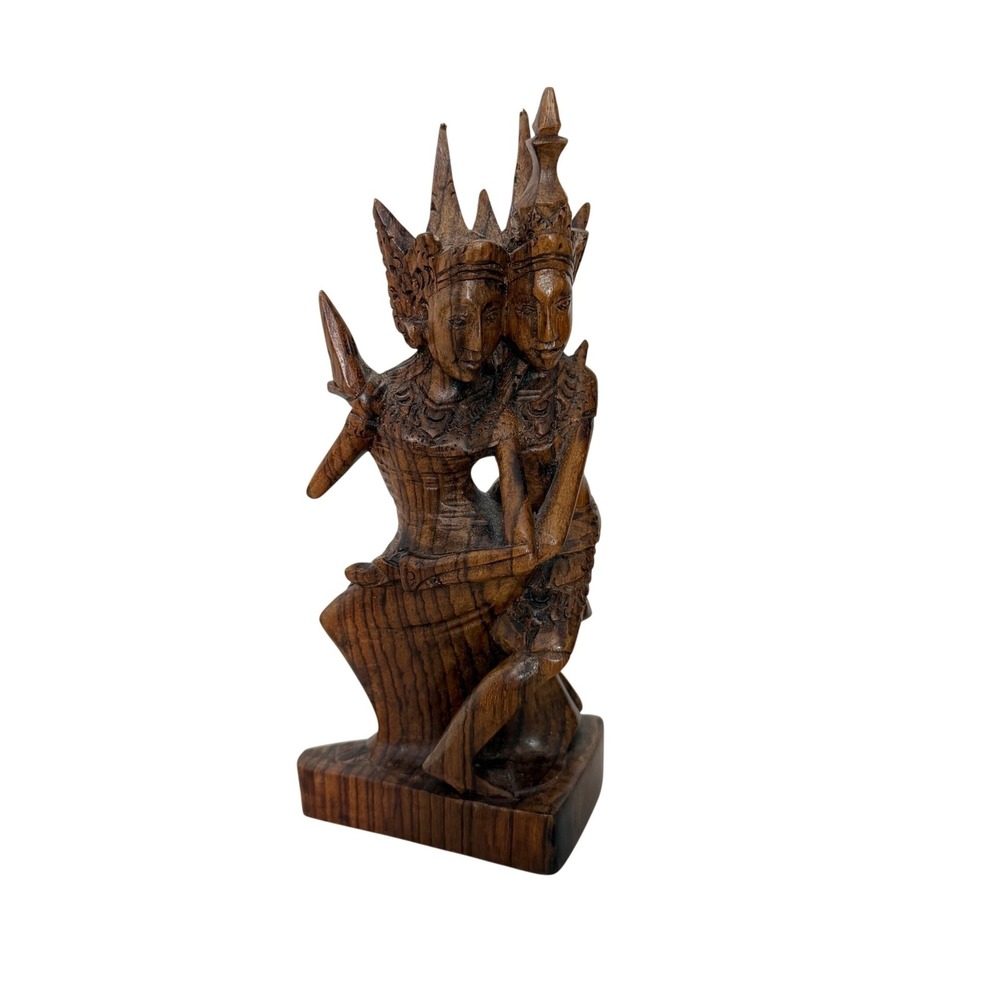 Vintage Wood Statue Brown Balinese Dancers Hand Carved Folk Art